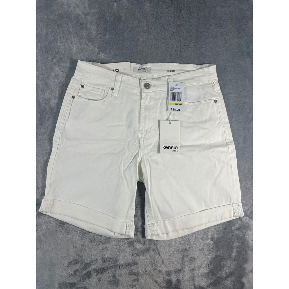 Kensie Jeans The Short Womens 4/27 White Denim Cuffed Mid Rise Stretch ShortsNWT